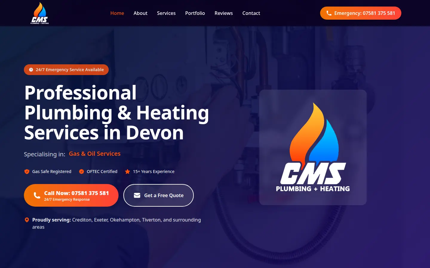 Screenshot of the CMS Plumbing + Heating website